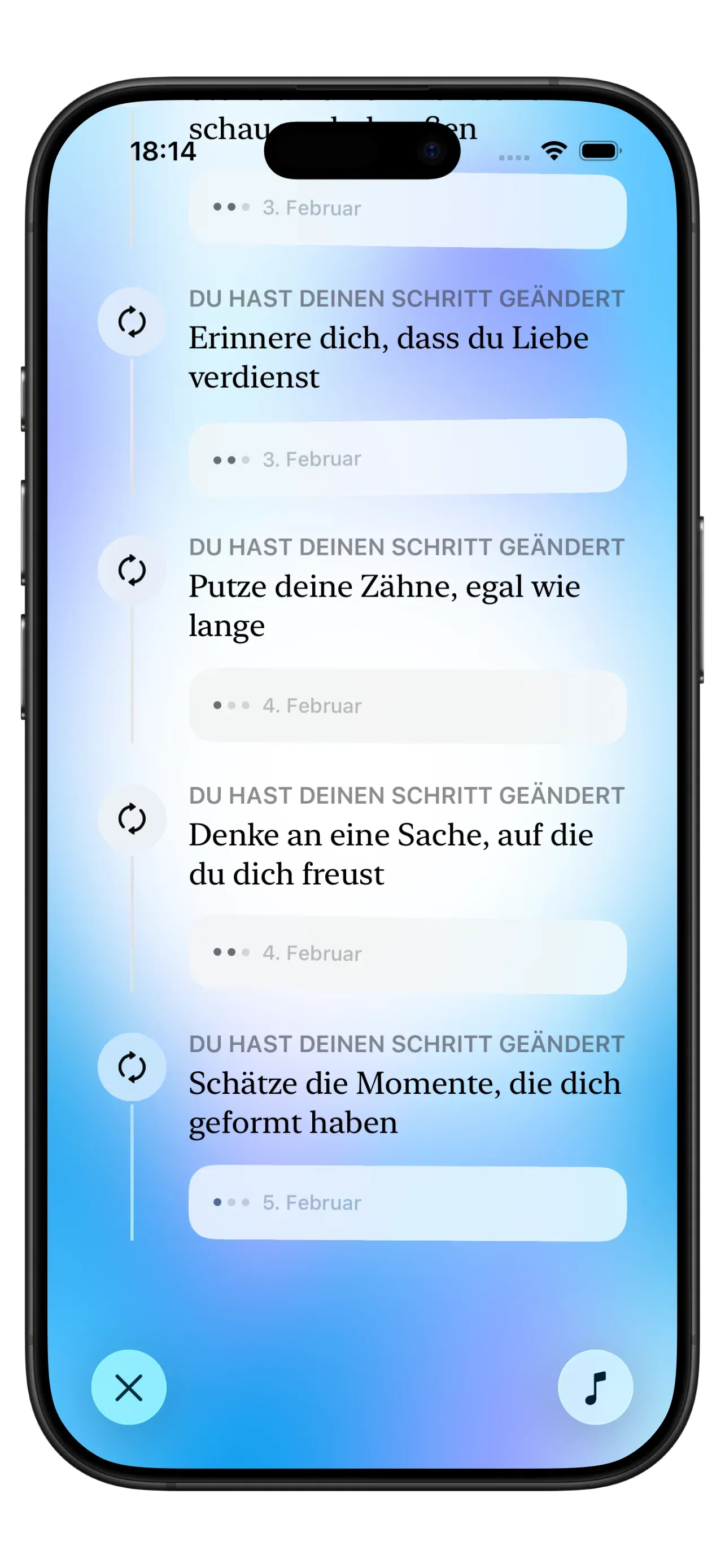 Screenshot der Yizo-App mit der Journey-Ansicht mit persönlichen Notizen und Reflexionshistorie