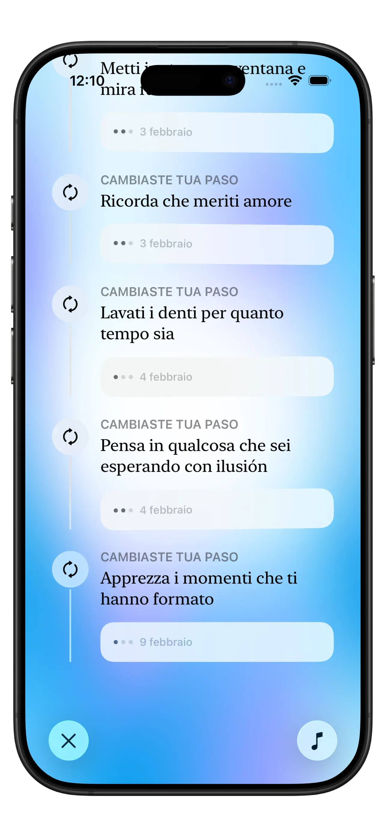 Screenshot dell'app Yizo che mostra la vista del viaggio con note personali e cronologia delle riflessioni