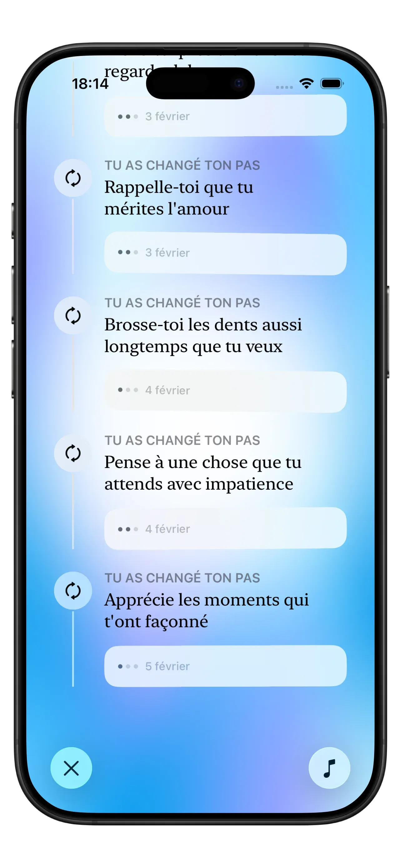 Capture d'écran de l'application Yizo montrant la vue du voyage avec des notes personnelles et l'historique des réflexions