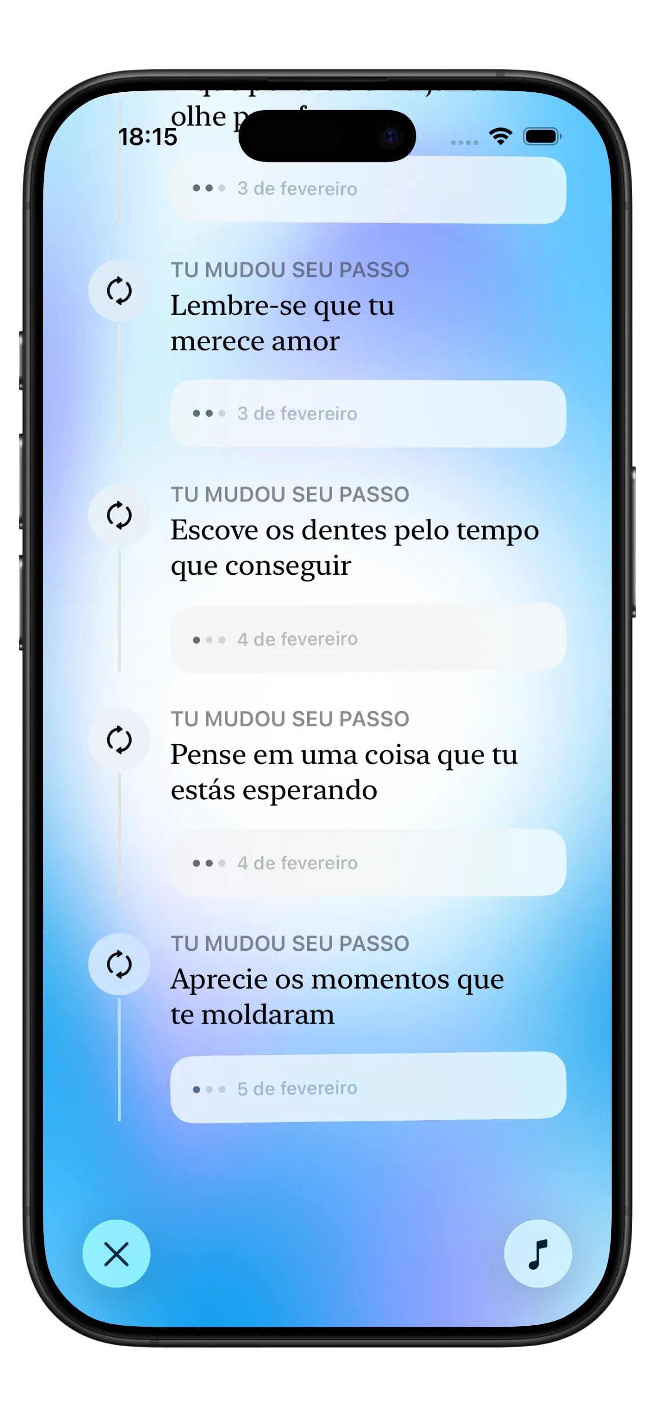 Captura de ecrã da aplicação Yizo mostrando a visualização da jornada com notas pessoais e histórico de reflexões
