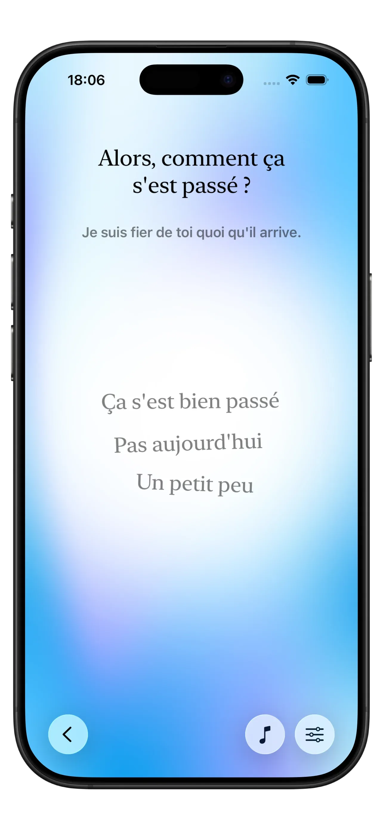 Capture d'écran de l'application Yizo affichant une interface sans jugement, sans séries ni notifications culpabilisantes