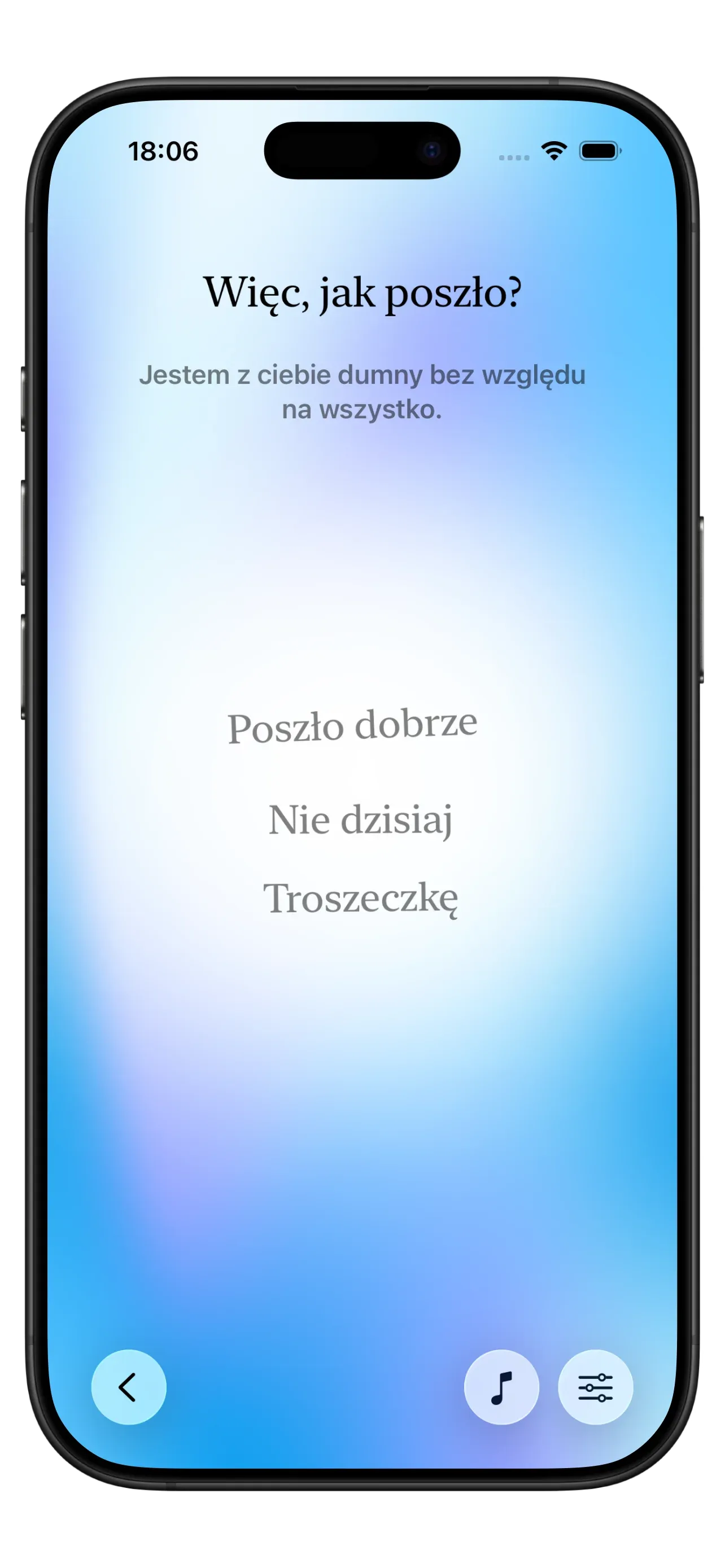 Zrzut ekranu aplikacji Yizo przedstawiający interfejs bez osądu, serii ani powiadomień wywołujących poczucie winy