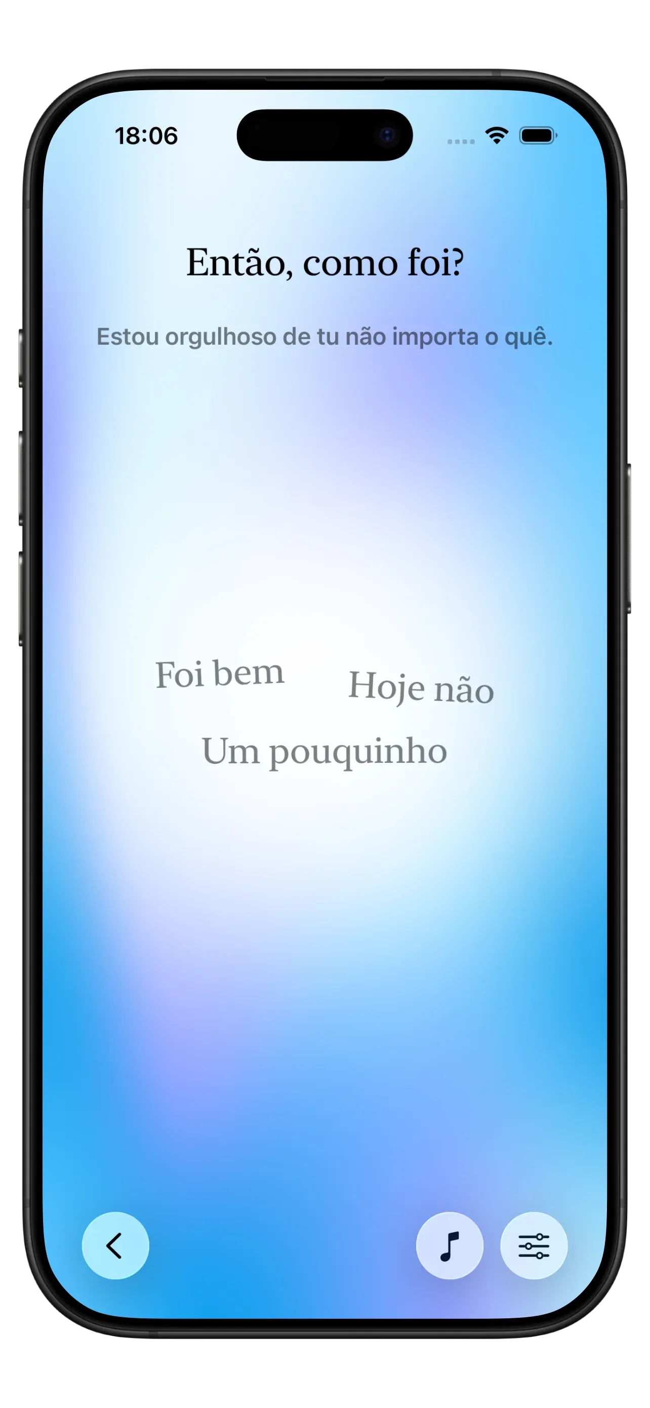 Captura de ecrã da aplicação Yizo exibindo uma interface sem julgamento, sequências ou notificações que induzem culpa