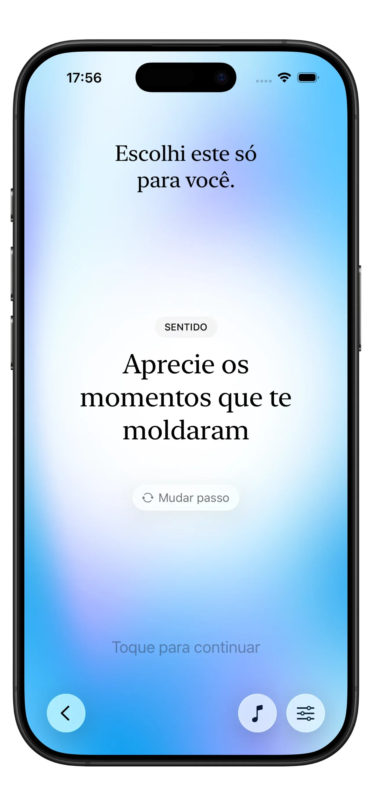 Captura de ecrã da aplicação Yizo mostrando uma sugestão de passo diário com opções para fazer, mudar ou saltar