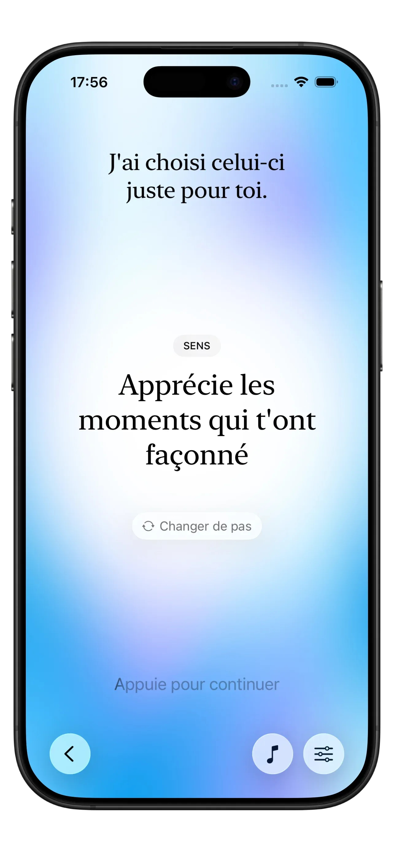 Capture d'écran de l'application Yizo montrant une suggestion d'étape quotidienne avec des options pour faire, changer ou sauter